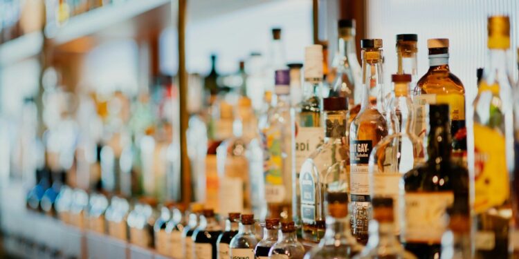 liquor bottles on rack